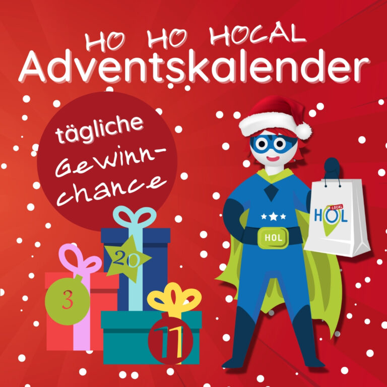 Das Bild ist eine Grafik, die das HOCAL-Männchen mit Einkaufstüte zeigt, daneben sind drei Geschenke gestapelt, die mit mit 1,2,3 beziffert sind. Der Hintergrund ist weihnachtlich Rot mit Schneeflocken.